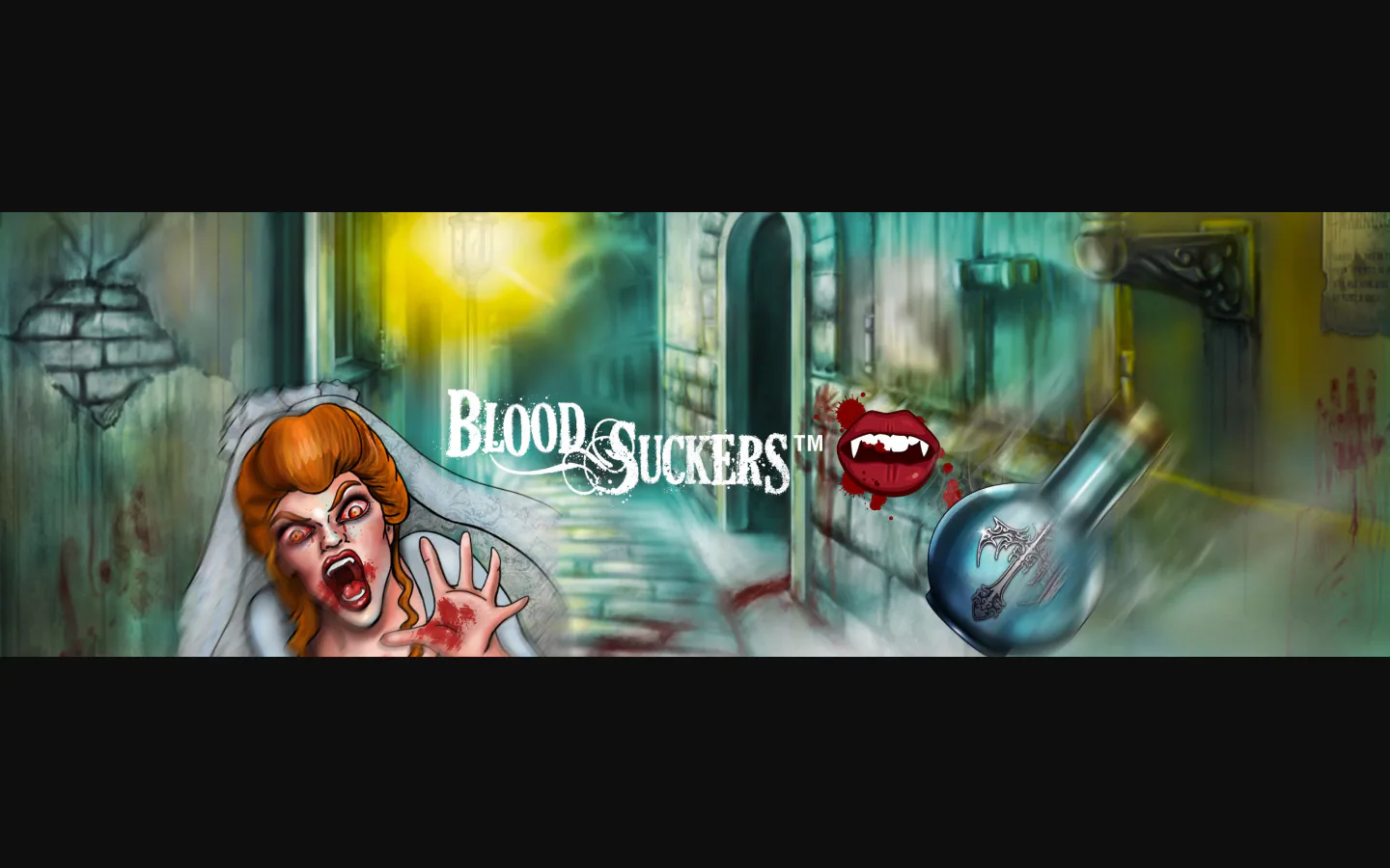 Arte oficial de Blood Suckers com vampira, logotipo e cenário de hospital
