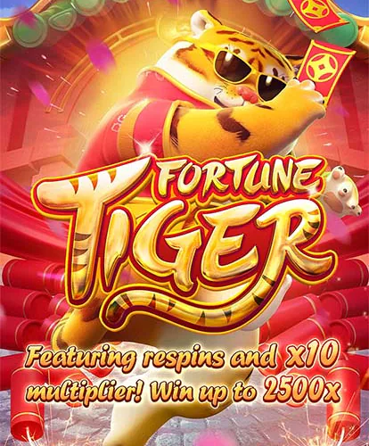 Arte oficial de Fortune Tiger com o tigre dourado, o logotipo do jogo e a chamada de respins e multiplicador x10