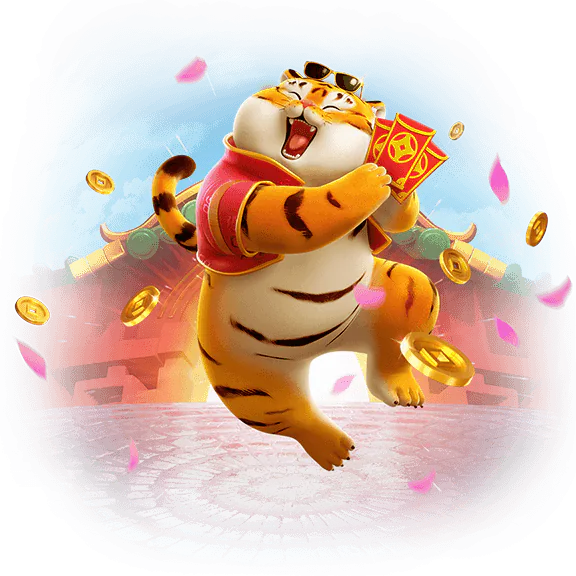 Ilustração oficial do tigre de Fortune Tiger segurando envelopes vermelhos diante de um templo